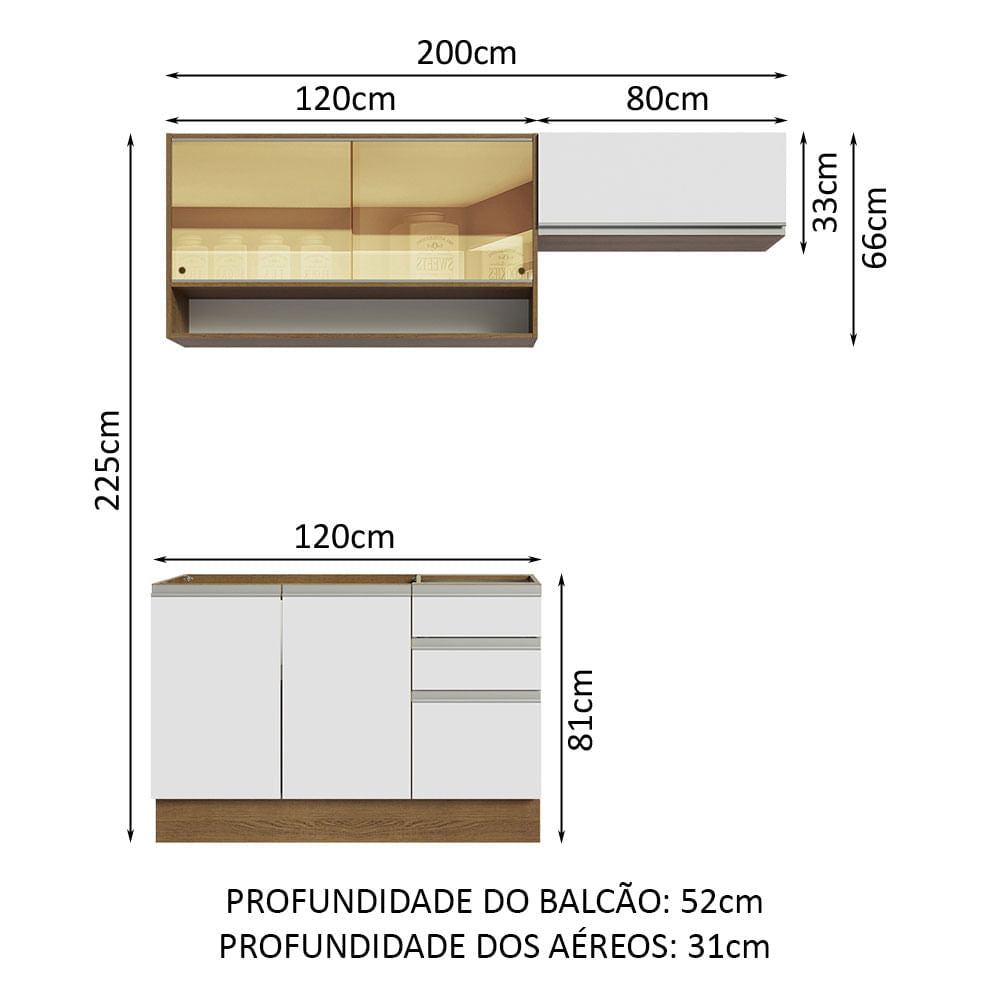Armário de Cozinha Compacta 200cm Rustic/Branco Glamy Madesa 08