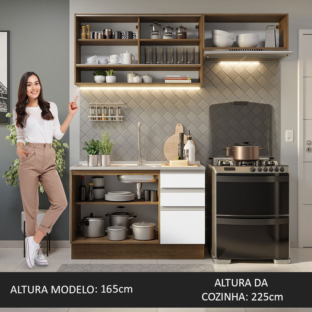 Armário de Cozinha Compacta 200cm Rustic/Branco Glamy Madesa 08