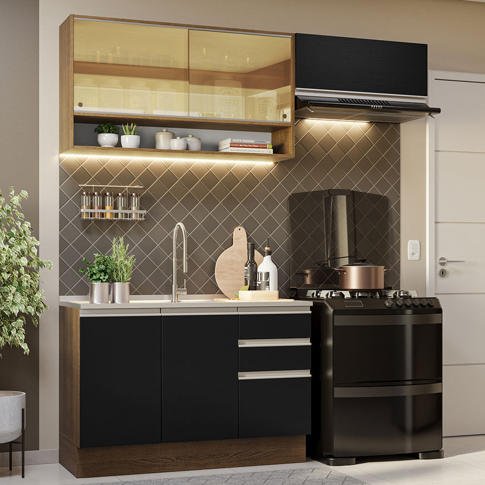Armário de Cozinha Compacta 200cm Rustic/Preto Glamy Madesa 08 - Rustic/Preto