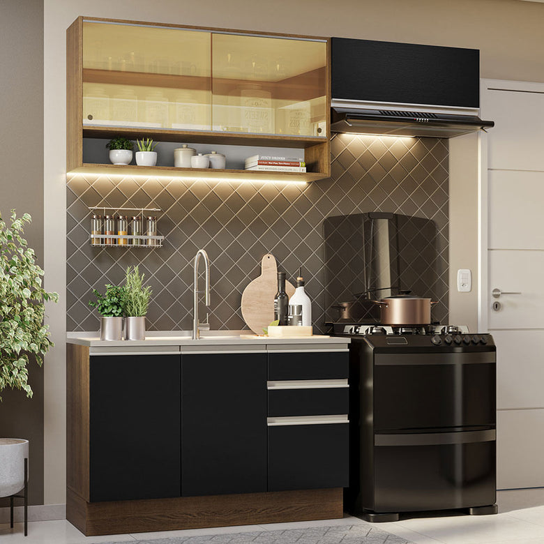 Armário de Cozinha Compacta 200cm Rustic/Preto Glamy Madesa 08