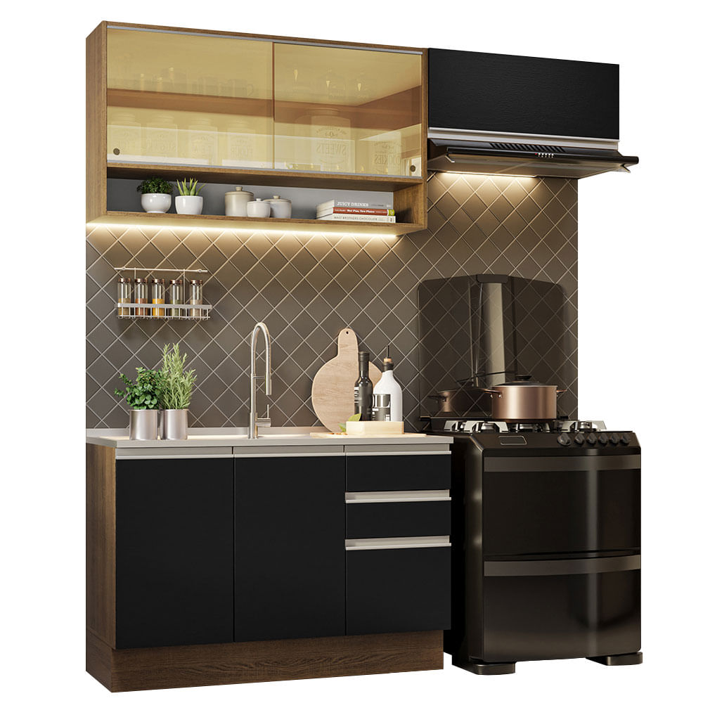 Armário de Cozinha Compacta 200cm Rustic/Preto Glamy Madesa 08 - Rustic/Preto