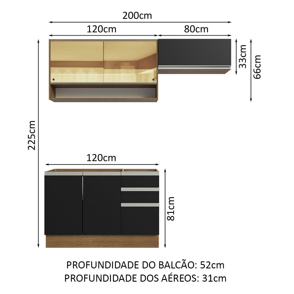 Armário de Cozinha Compacta 200cm Rustic/Preto Glamy Madesa 08