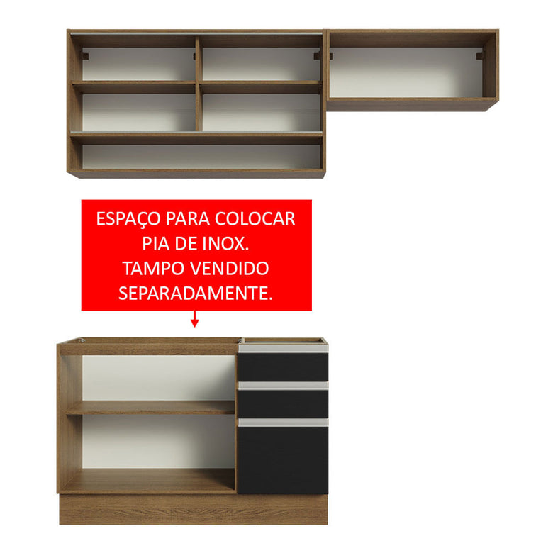 Armário de Cozinha Compacta 200cm Rustic/Preto Glamy Madesa 08