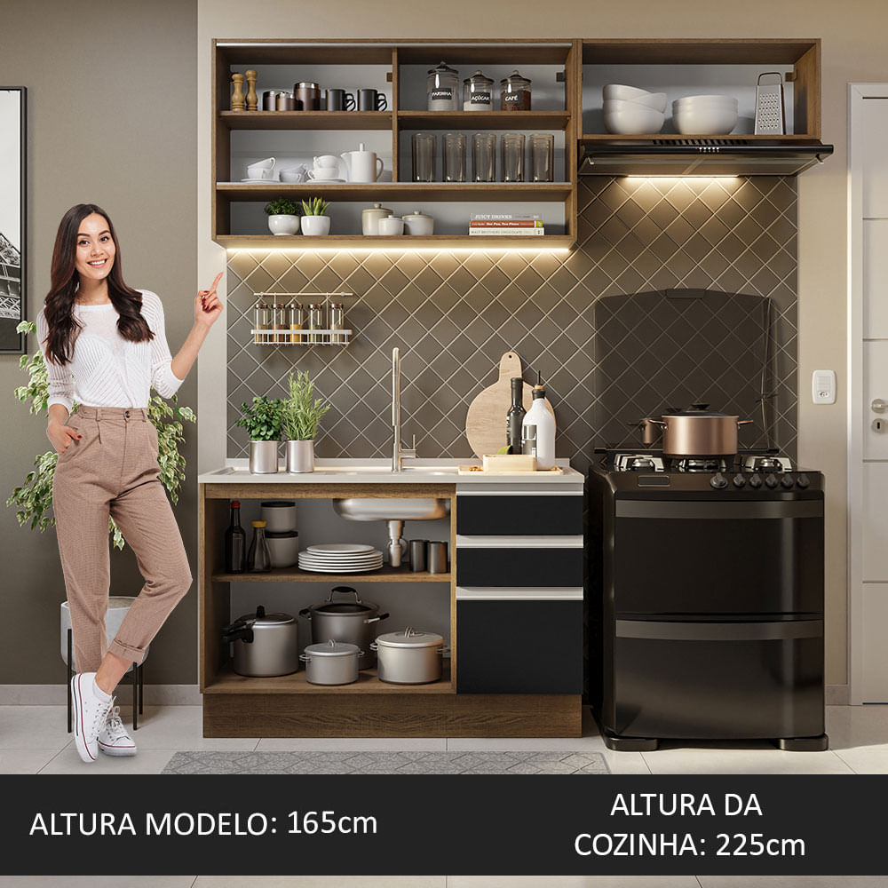 Armário de Cozinha Compacta 200cm Rustic/Preto Glamy Madesa 08