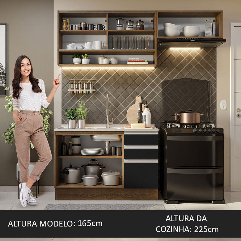 Armário de Cozinha Compacta 200cm Rustic/Preto Glamy Madesa 08
