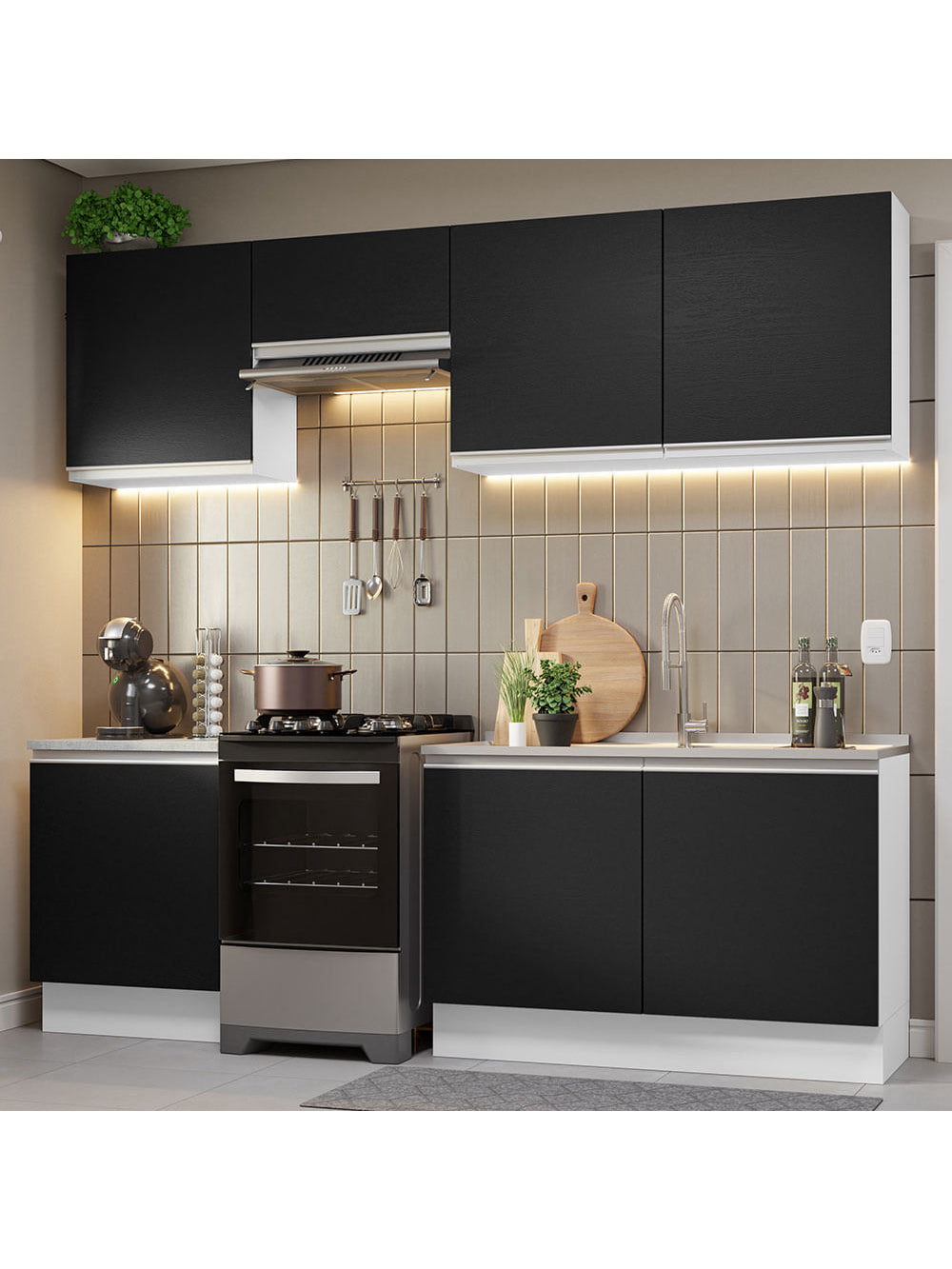 Armário de Cozinha Completa 240cm Branco/Preto Glamy Madesa 09 - Branco/Preto