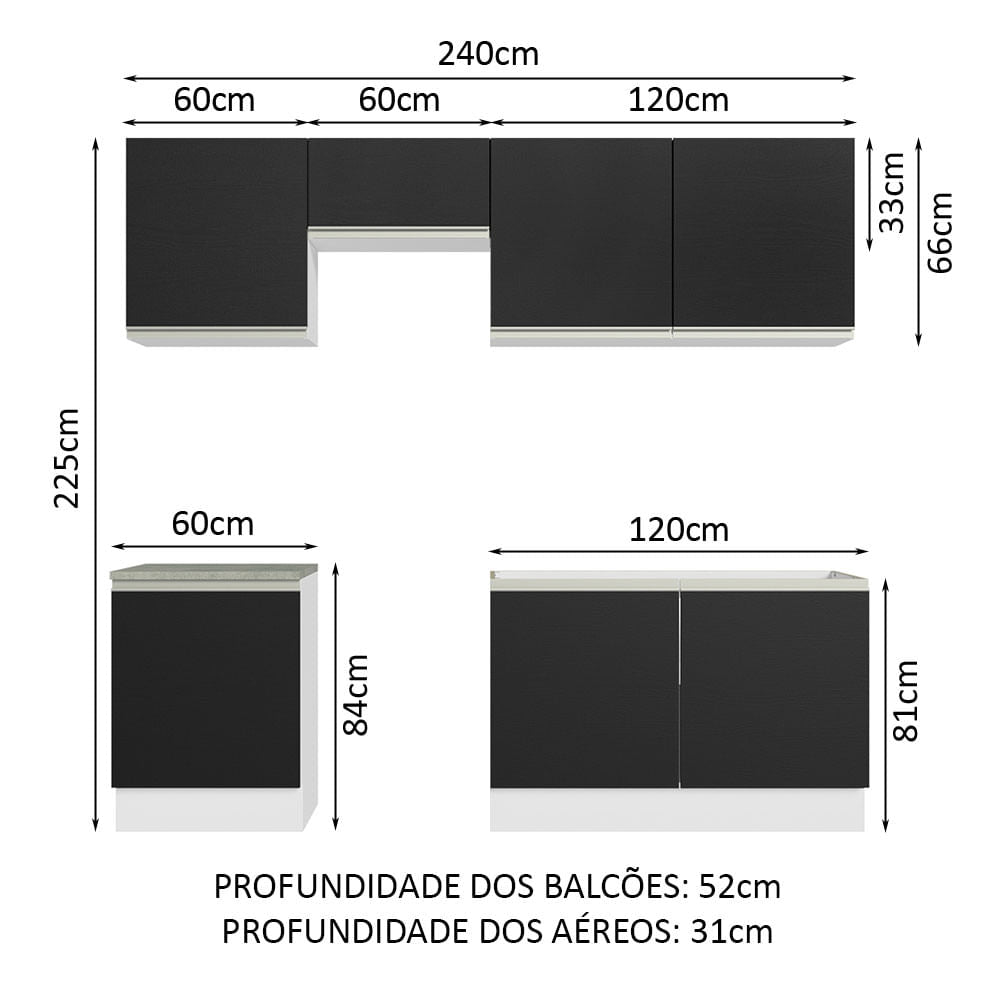 Armário de Cozinha Completa 240cm Branco/Preto Glamy Madesa 09