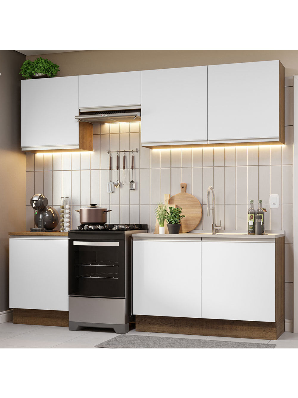 Armário de Cozinha Completa 240cm Rustic/Branco Glamy Madesa 09 - Rustic/Branco