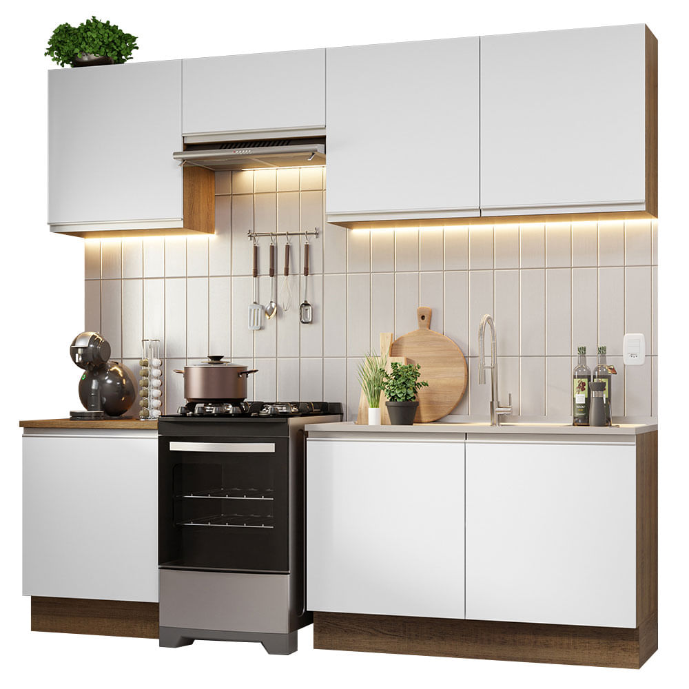 Armário de Cozinha Completa 240cm Rustic/Branco Glamy Madesa 09 - Rustic/Branco
