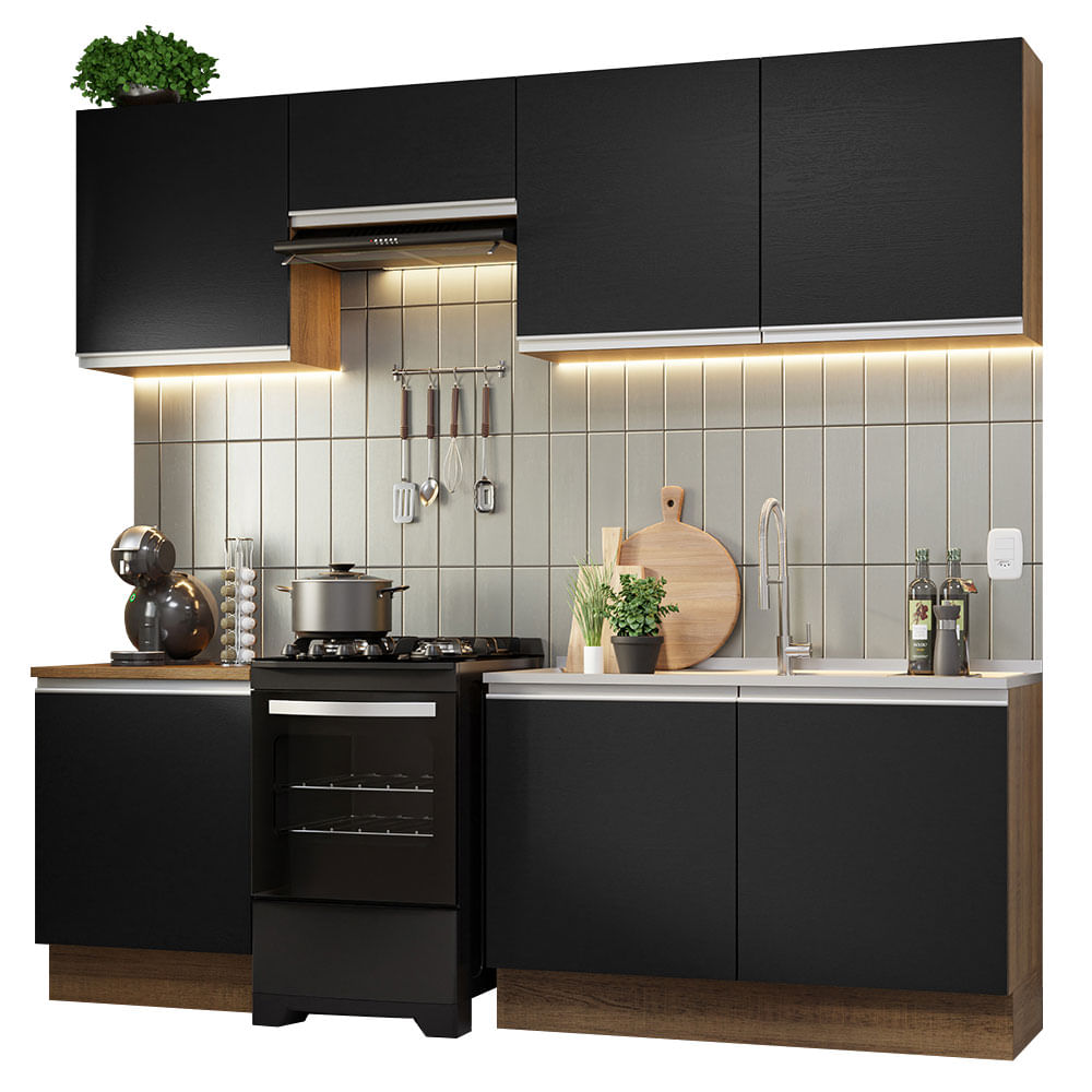 Armário de Cozinha Completa 240cm Rustic/Preto Glamy Madesa 09 - Rustic/Preto