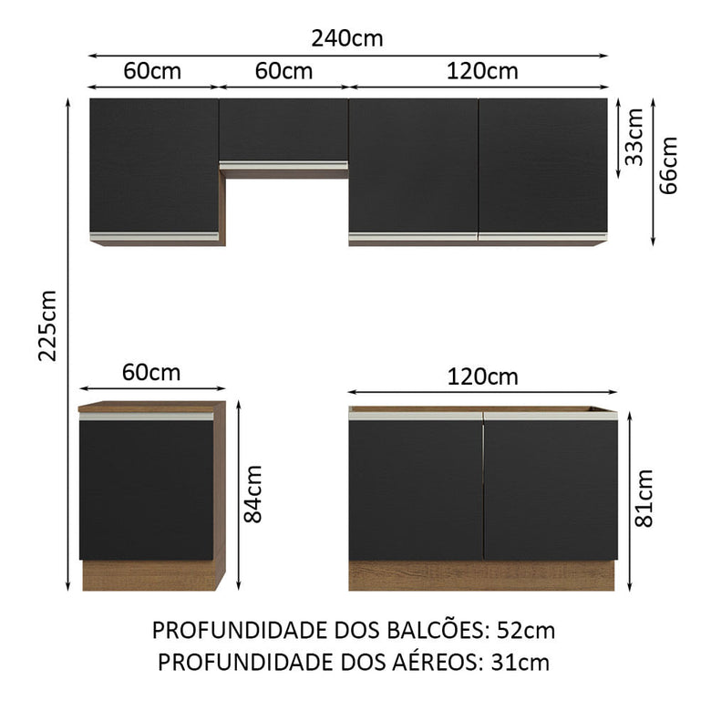 Armário de Cozinha Completa 240cm Rustic/Preto Glamy Madesa 09