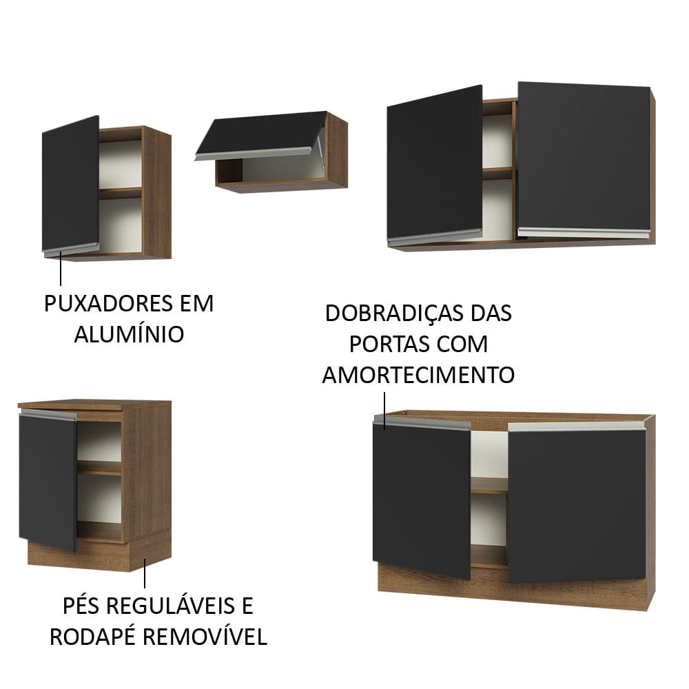 Armário de Cozinha Completa 240cm Rustic/Preto Glamy Madesa 09