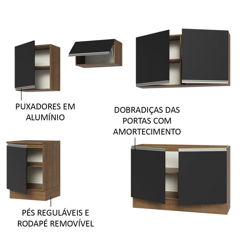 Armário de Cozinha Completa 240cm Rustic/Preto Glamy Madesa 09