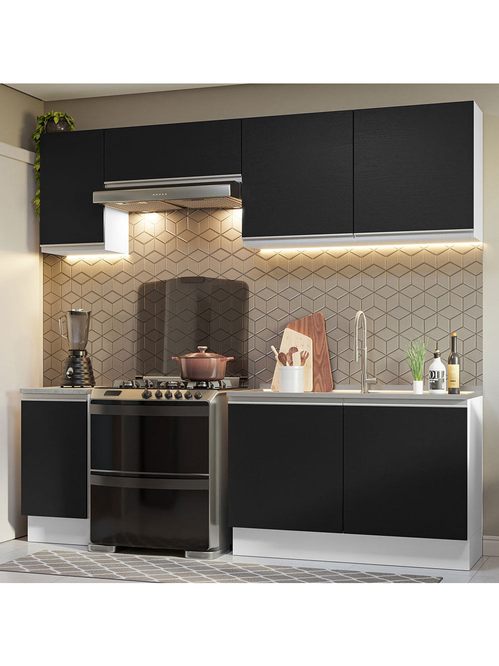 Armário de Cozinha Completa 240cm Branco/Preto Glamy Madesa 10 - Branco/Preto