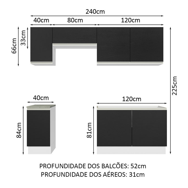 Armário de Cozinha Completa 240cm Branco/Preto Glamy Madesa 10