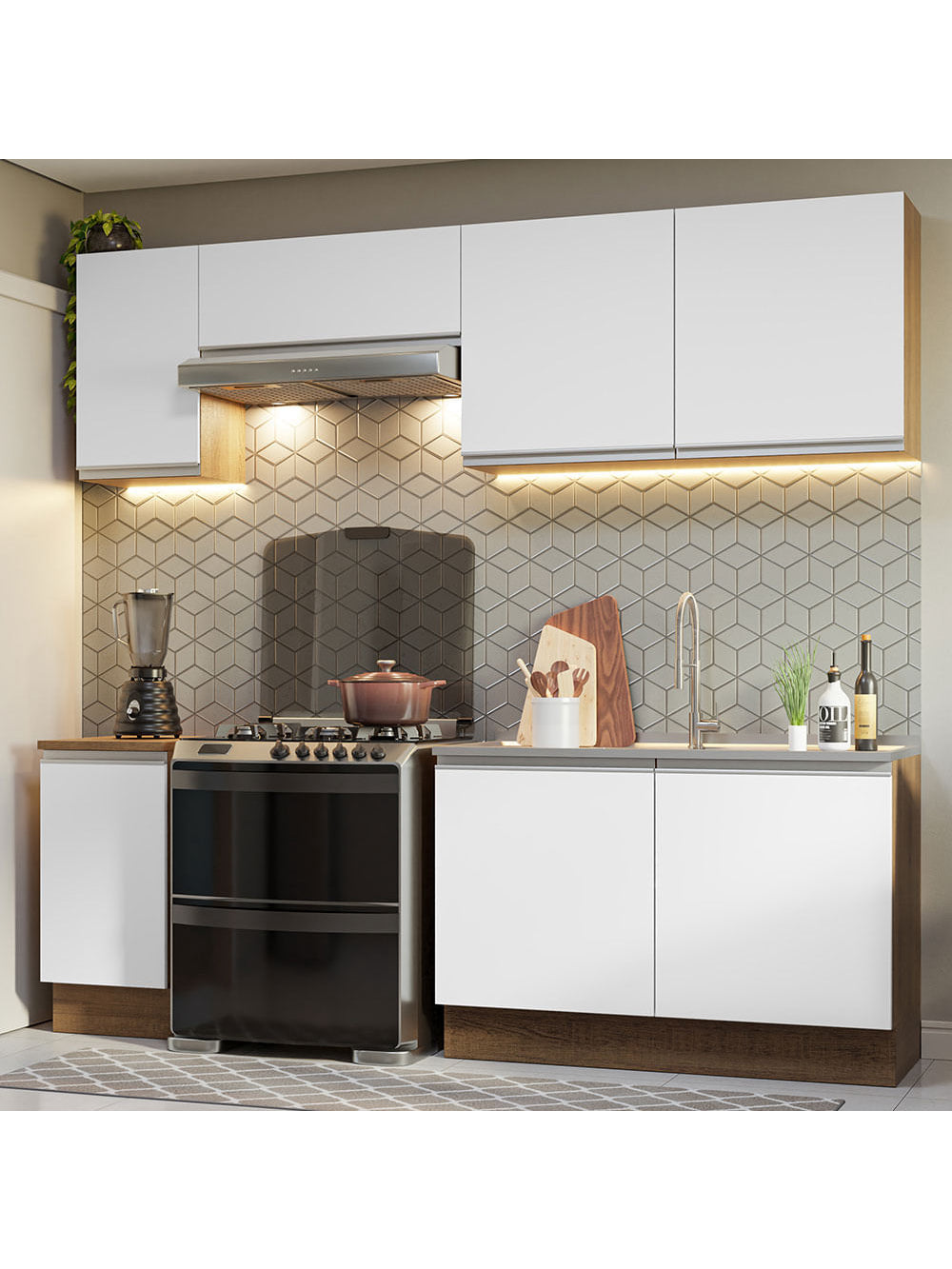 Armário de Cozinha Completa 240cm Rustic/Branco Glamy Madesa 10 - Rustic/Branco