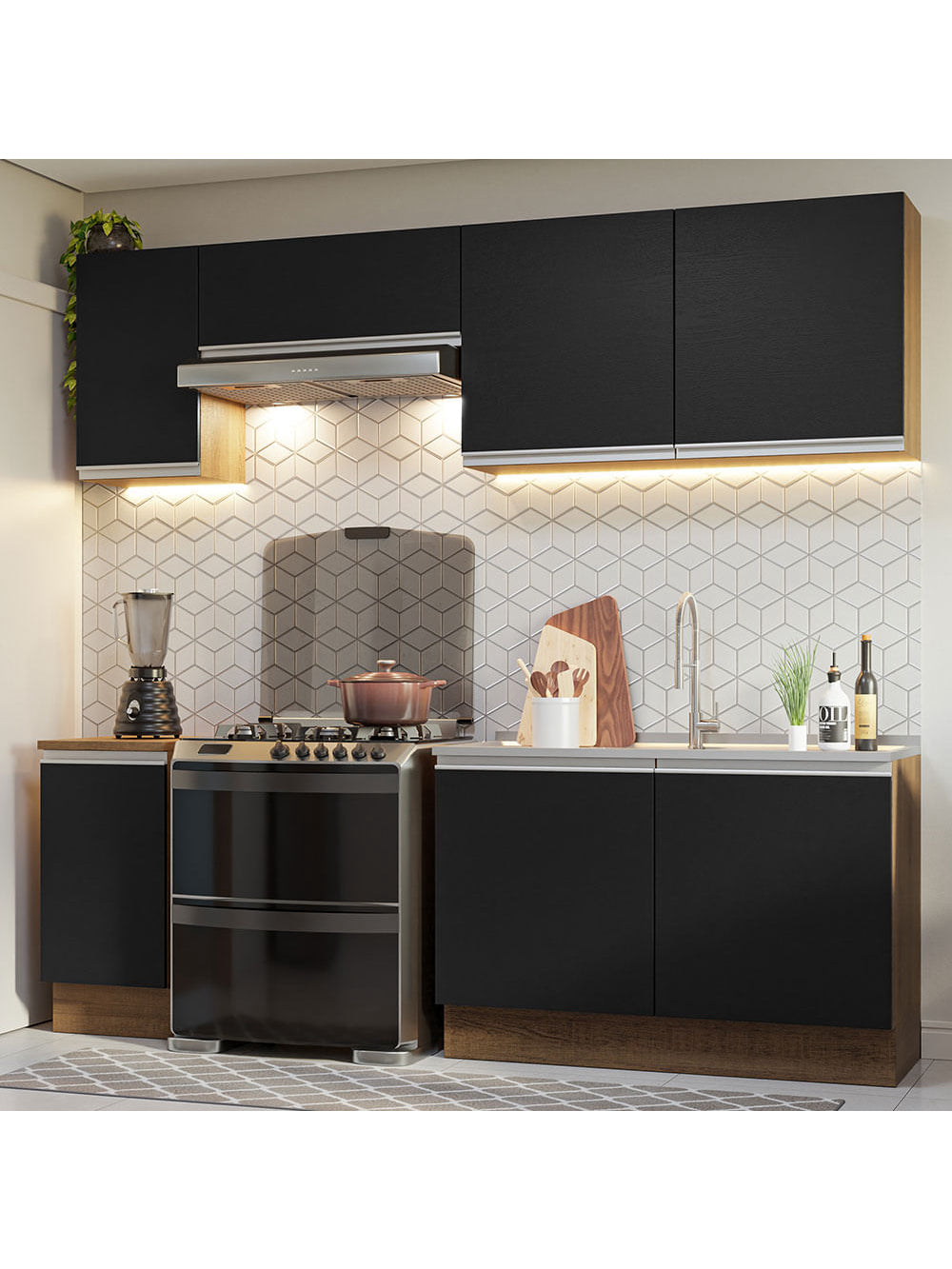 Armário de Cozinha Completa 240cm Rustic/Preto Glamy Madesa 10 - Rustic/Preto