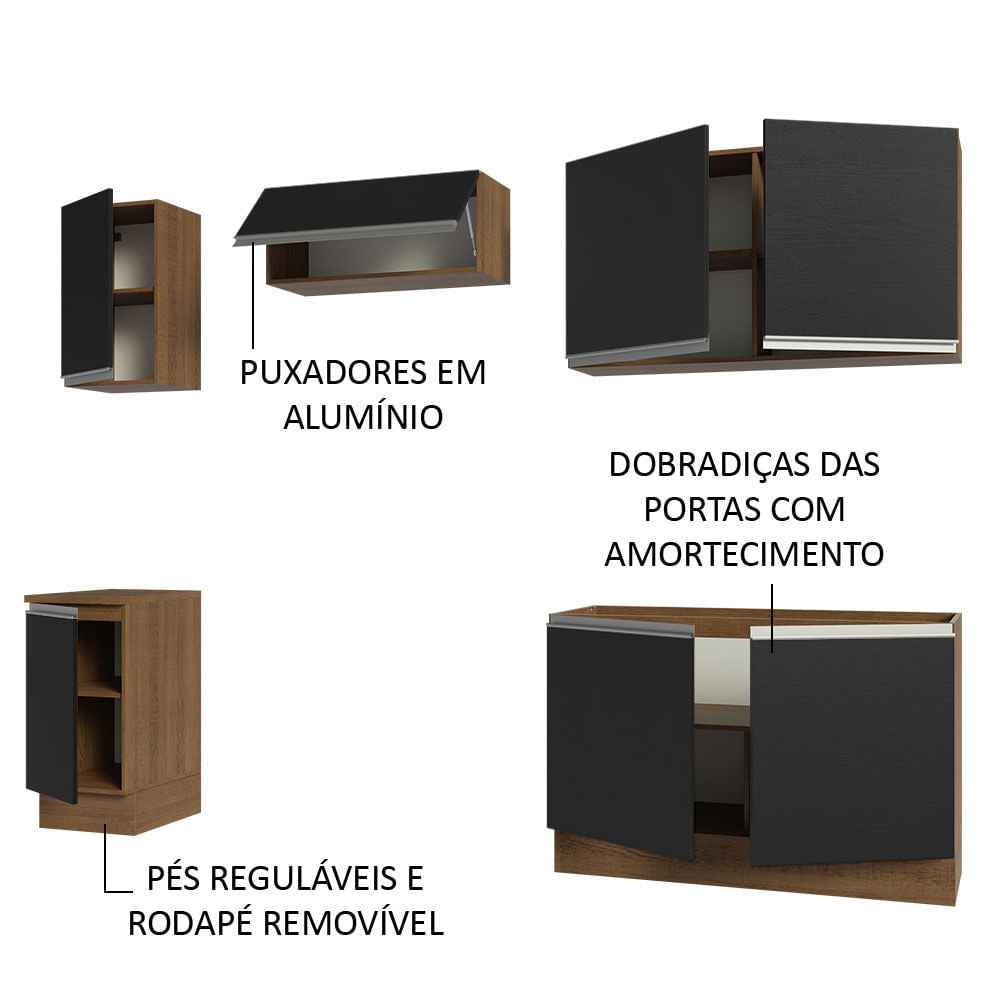 Armário de Cozinha Completa 240cm Rustic/Preto Glamy Madesa 10