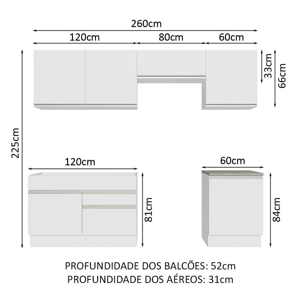 Armário de Cozinha Completa 260cm Branco Glamy Madesa 04