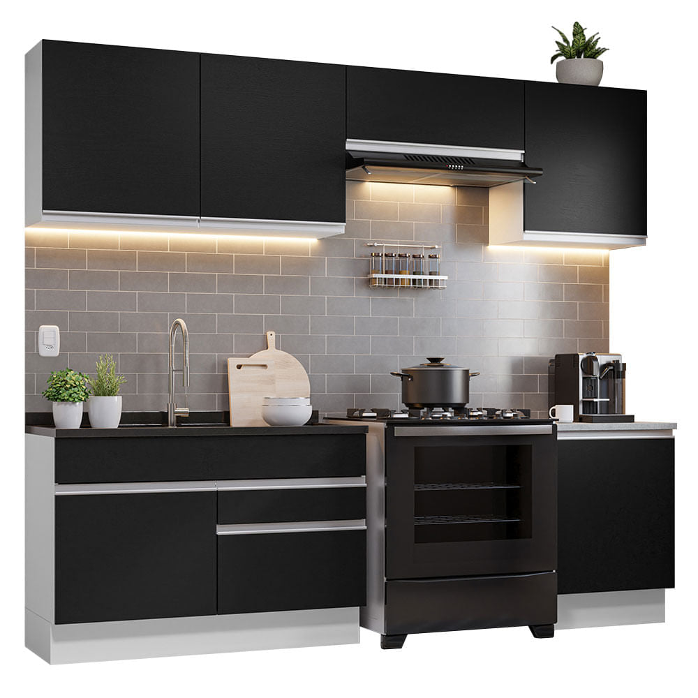 Armário de Cozinha Completa 260cm Branco/Preto Glamy Madesa 04 - Branco/Preto
