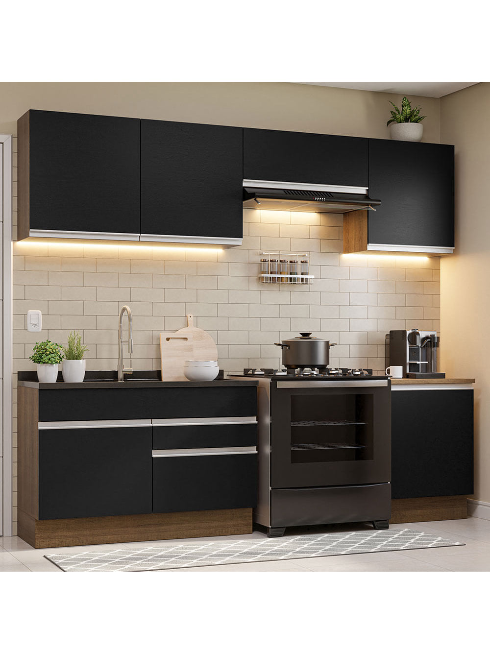 Armário de Cozinha Completa 260cm Rustic/Preto Glamy Madesa 04 - Rustic/Preto