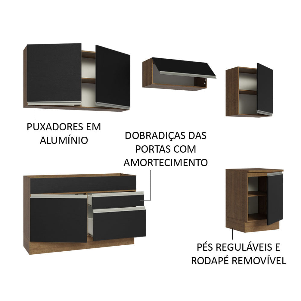 Armário de Cozinha Completa 260cm Rustic/Preto Glamy Madesa 04