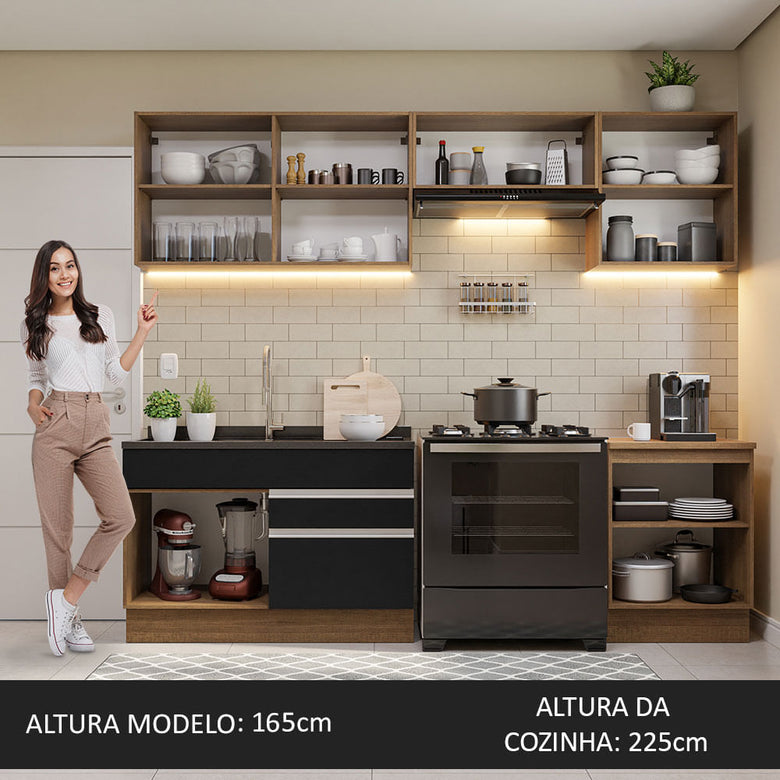 Armário de Cozinha Completa 260cm Rustic/Preto Glamy Madesa 04