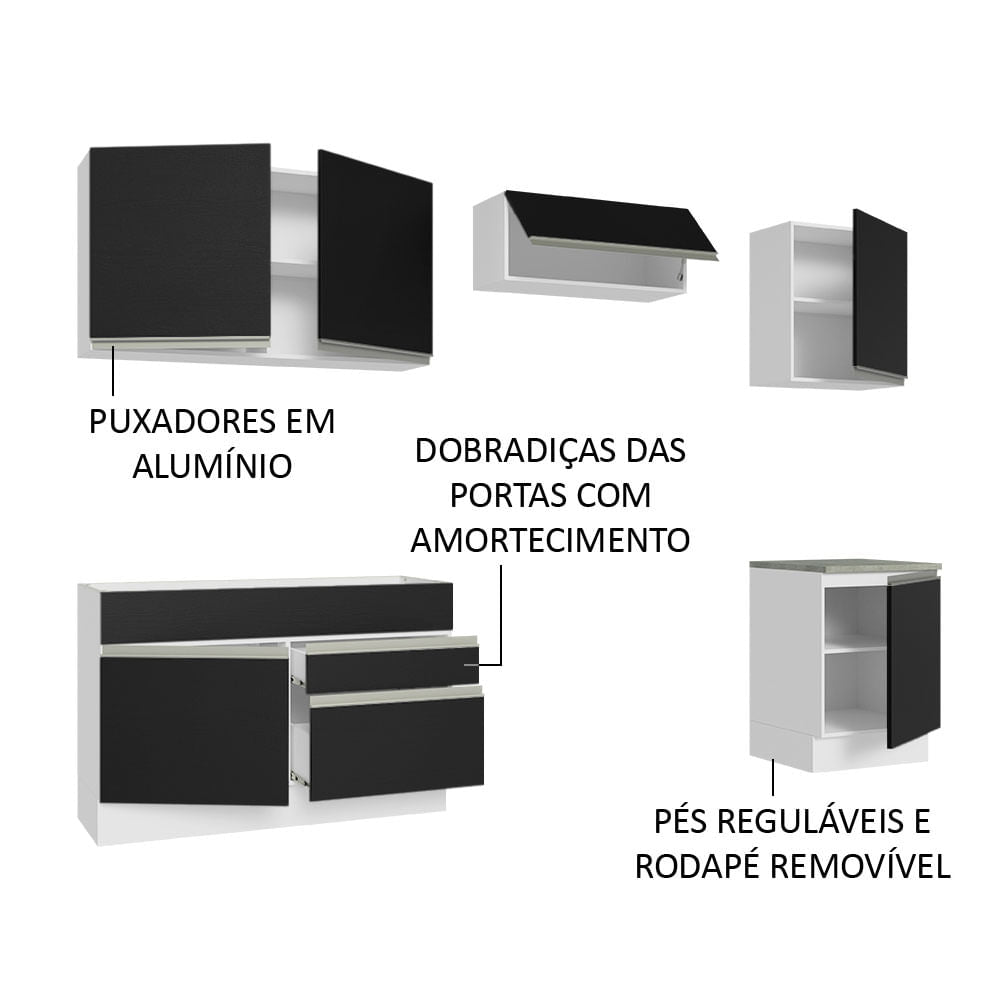 Armário de Cozinha Completa 260cm Branco/Preto Glamy Madesa 05