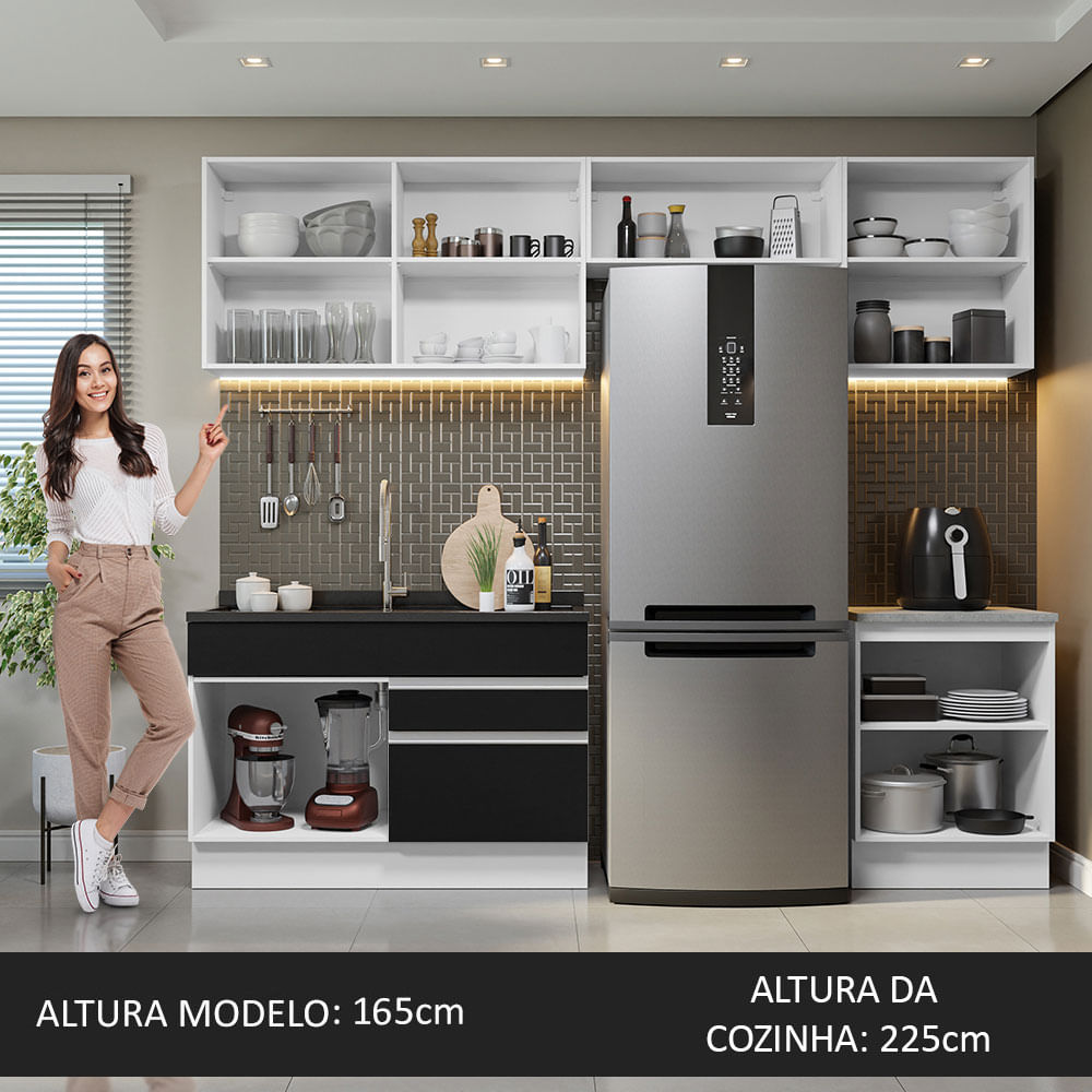 Armário de Cozinha Completa 260cm Branco/Preto Glamy Madesa 05
