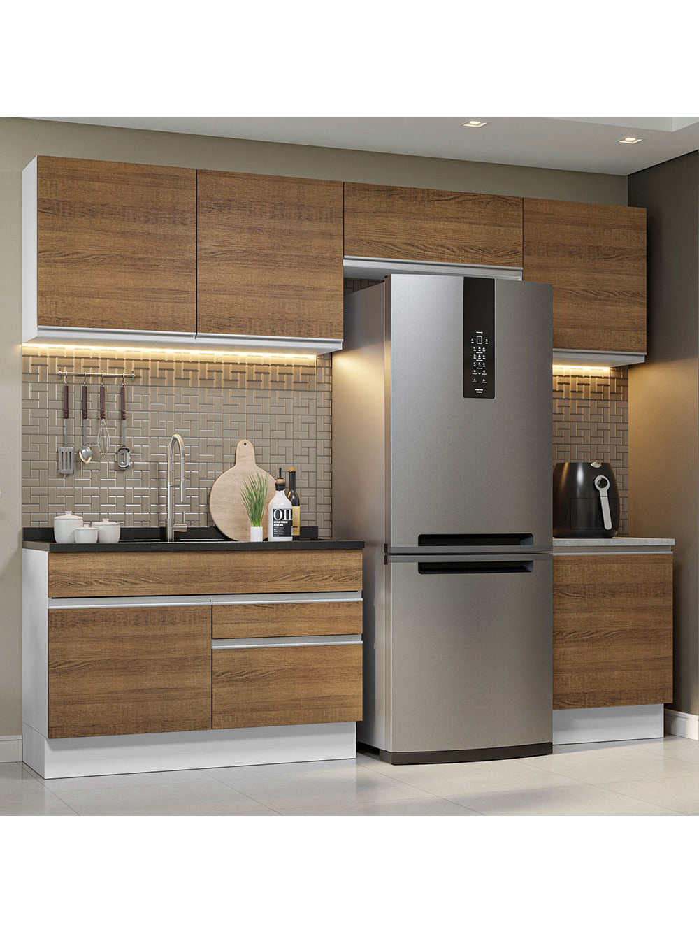 Armário de Cozinha Completa 260cm Branco/Rustic Glamy Madesa 05 - Branco/Rustic