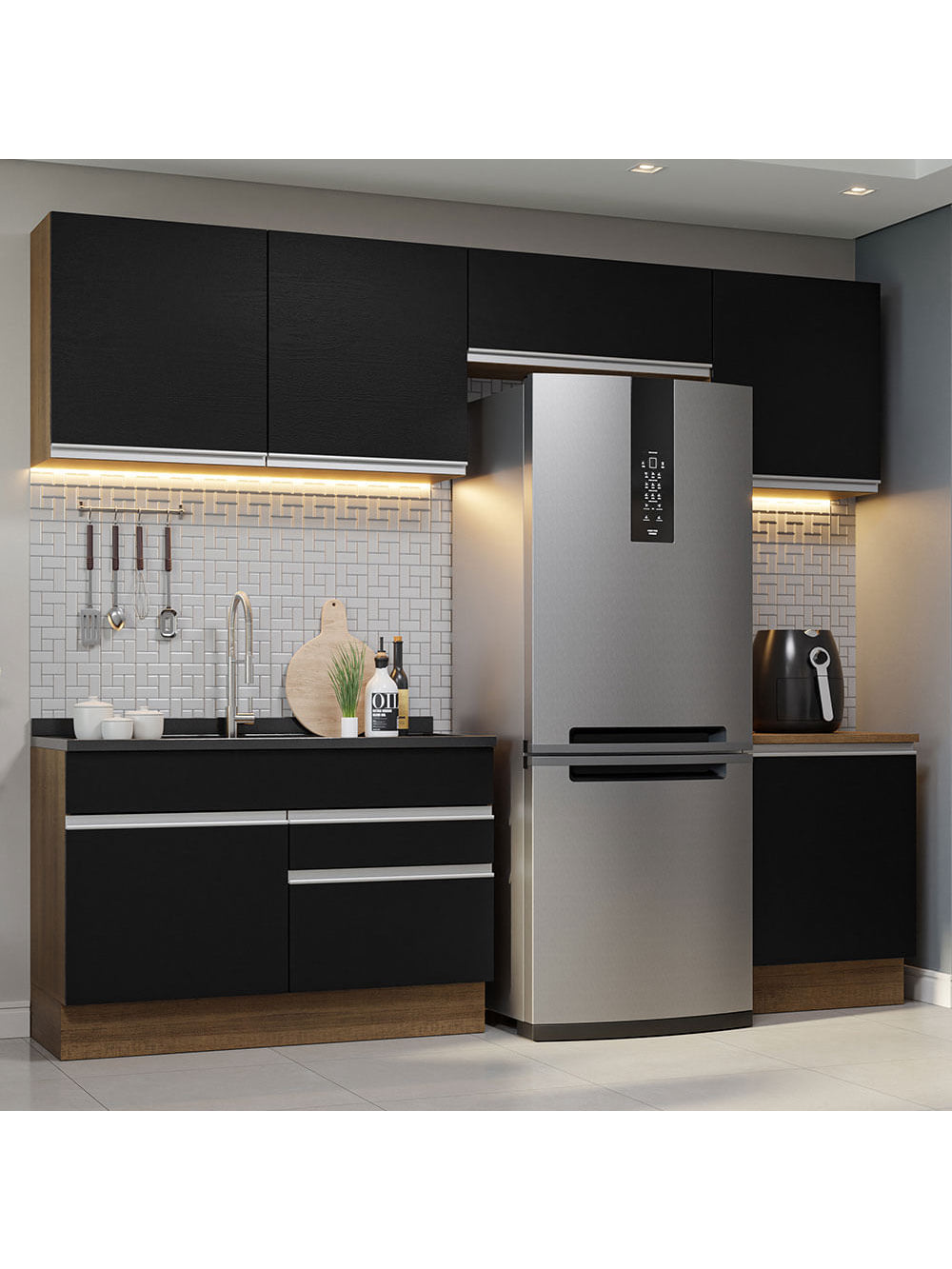 Armário de Cozinha Completa 260cm Rustic/Preto Glamy Madesa 05 - Rustic/Preto