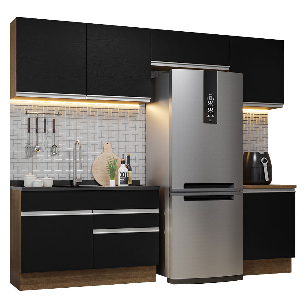 Armário de Cozinha Completa 260cm Rustic/Preto Glamy Madesa 05 - Rustic/Preto