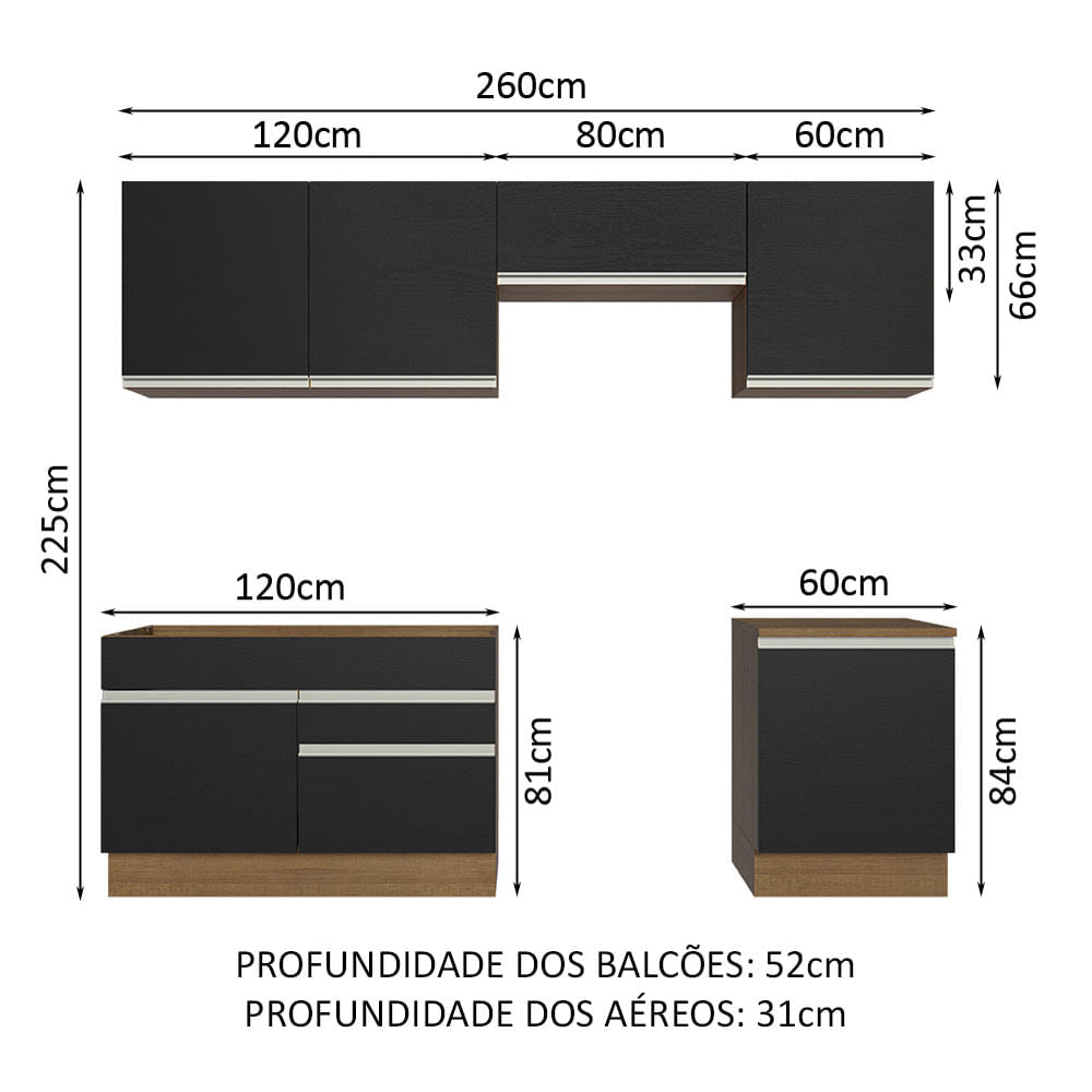 Armário de Cozinha Completa 260cm Rustic/Preto Glamy Madesa 05