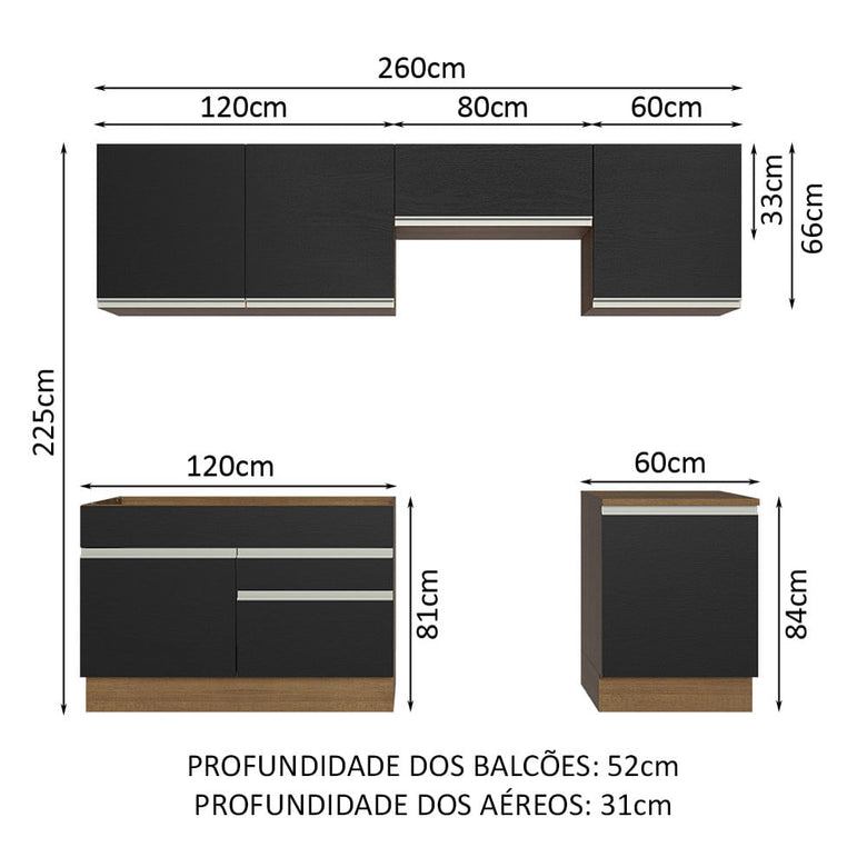 Armário de Cozinha Completa 260cm Rustic/Preto Glamy Madesa 05