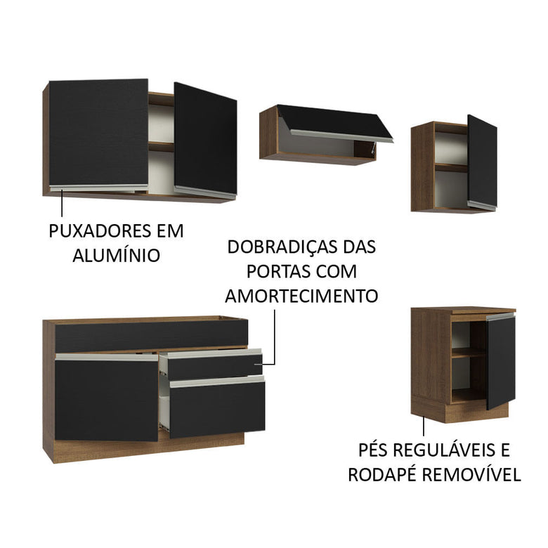 Armário de Cozinha Completa 260cm Rustic/Preto Glamy Madesa 05