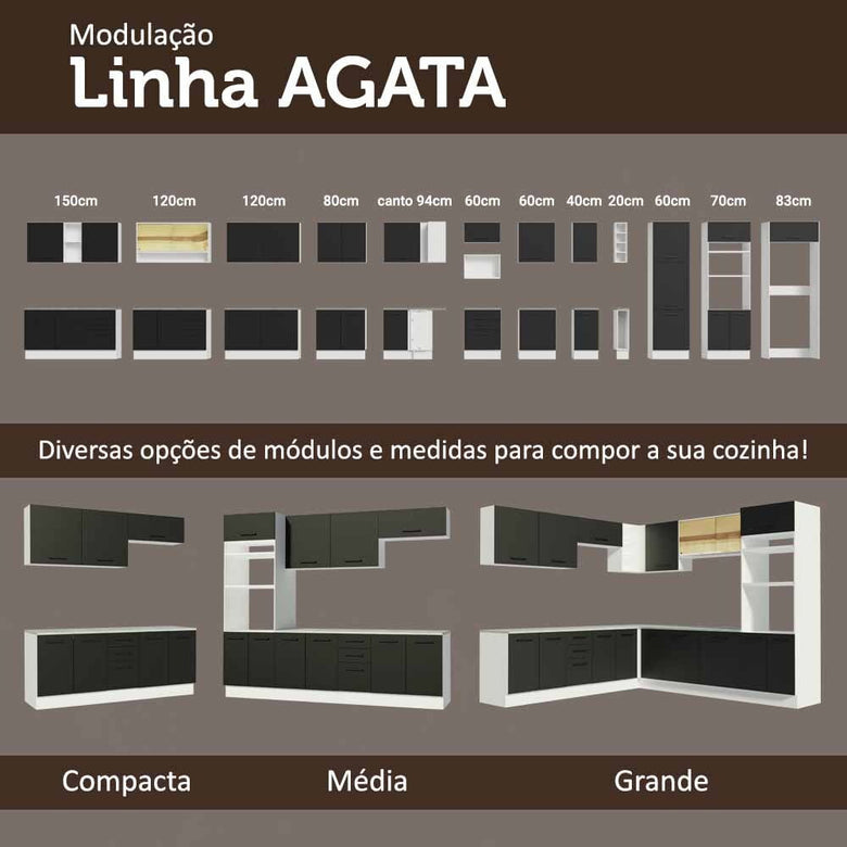 Armário de  Cozinha Compacta 180cm Branco/Preto Agata Madesa 09