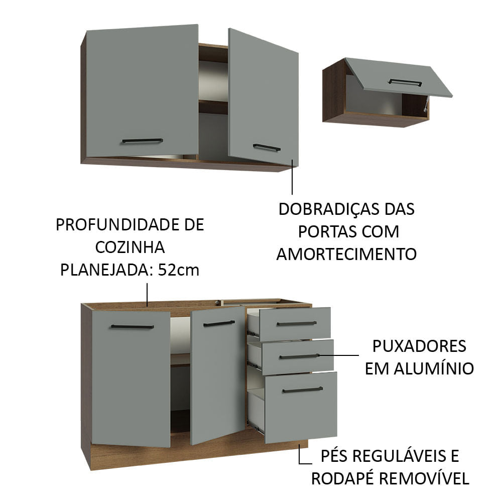 Armário de  Cozinha Compacta 180cm Rustic/Cinza Agata Madesa 09