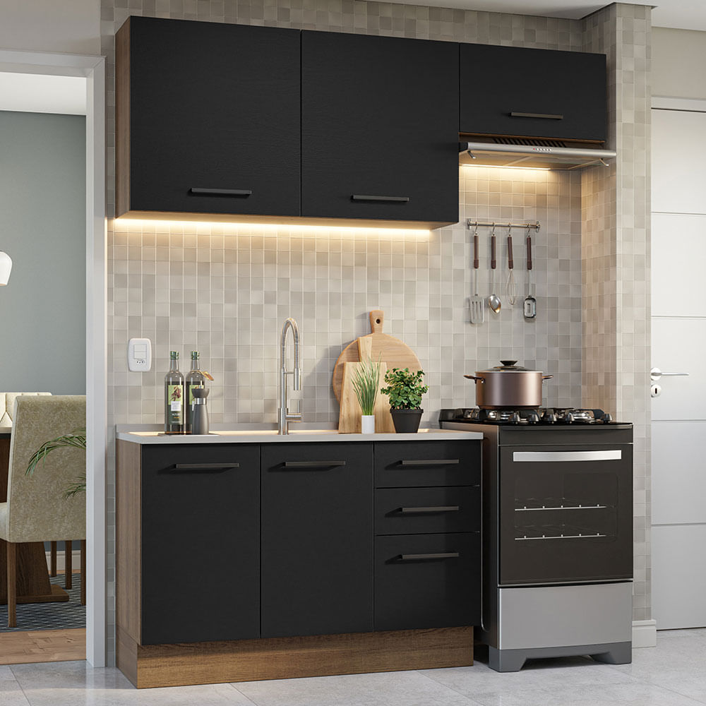 Armário de  Cozinha Compacta 180cm Rustic/Preto Agata Madesa 09 - Rustic/Preto