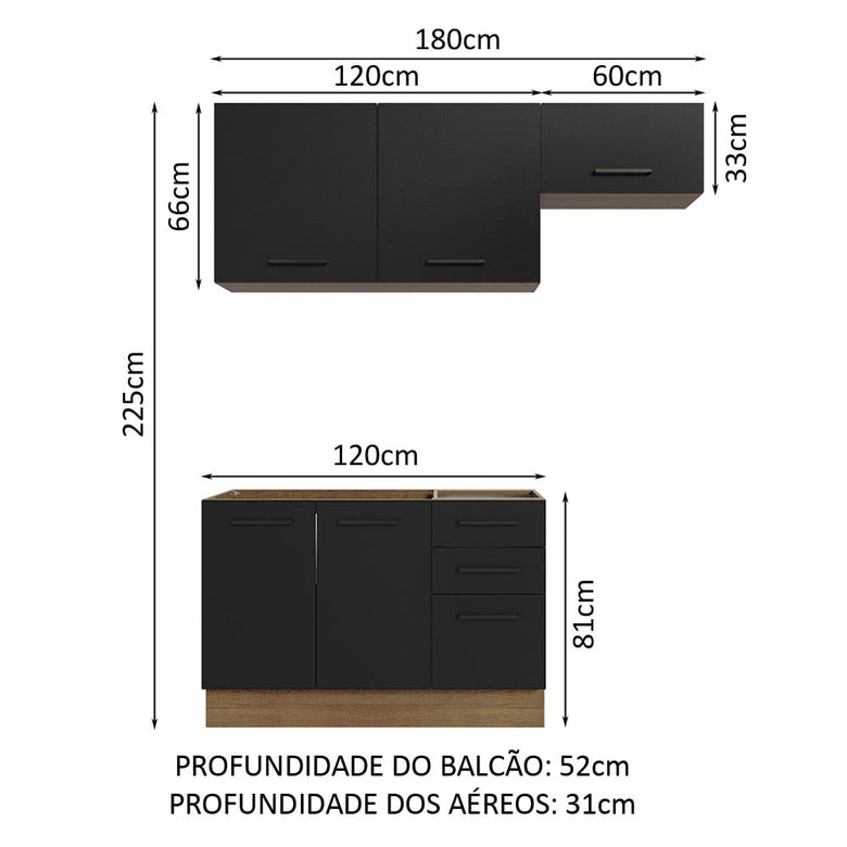Armário de  Cozinha Compacta 180cm Rustic/Preto Agata Madesa 09