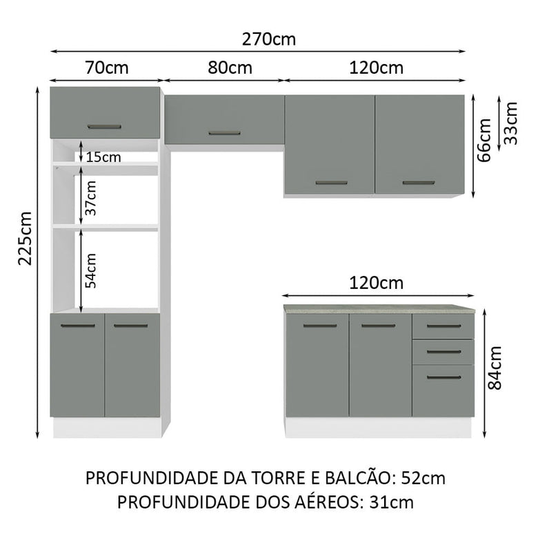 Armário de  Cozinha Completa 270cm Branco/Cinza Agata Madesa 07