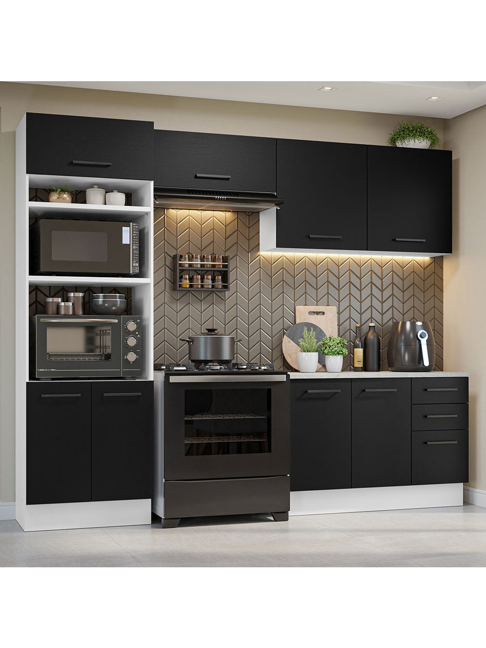 Armário de  Cozinha Completa 270cm Branco/Preto Agata Madesa 07 - Branco/Preto