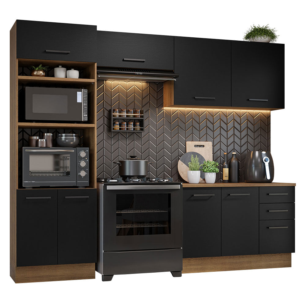 Armário de  Cozinha Completa 270cm Rustic/Preto Agata Madesa 07 - Rustic/Preto