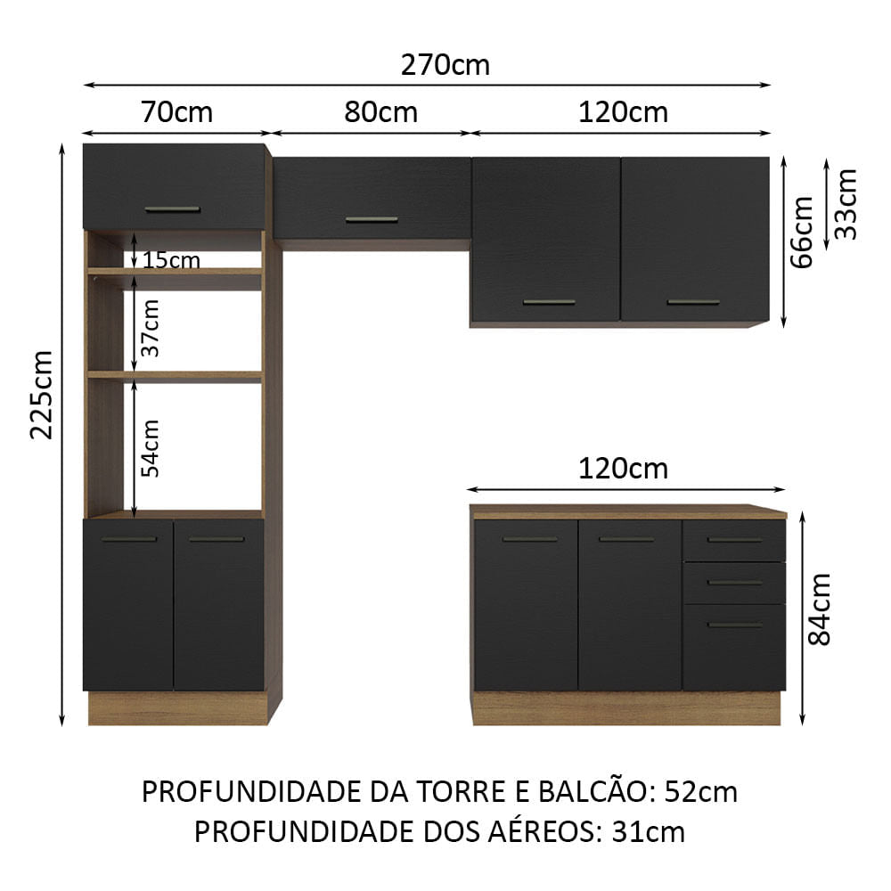 Armário de  Cozinha Completa 270cm Rustic/Preto Agata Madesa 07