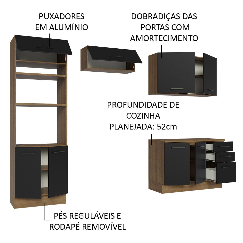 Armário de  Cozinha Completa 270cm Rustic/Preto Agata Madesa 07