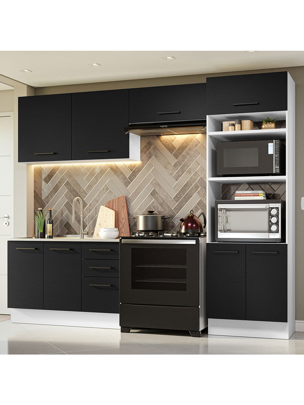 Armário de  Cozinha Completa 270cm Branco/Preto Agata Madesa 08 - Branco/Preto