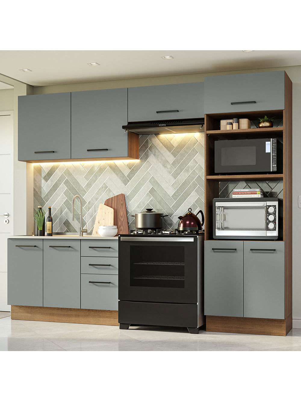 Armário de  Cozinha Completa 270cm Rustic/Cinza Agata Madesa 08 - Rustic/Cinza