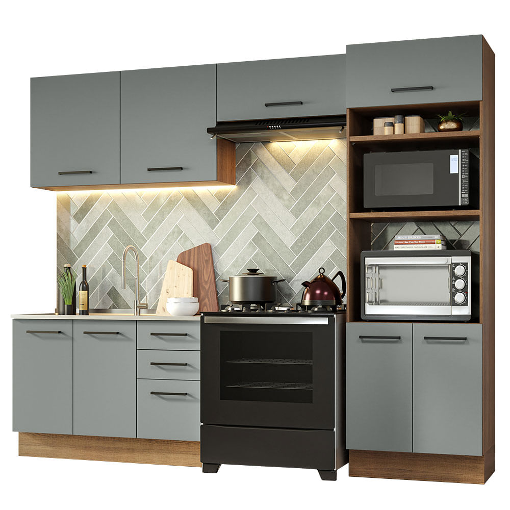 Armário de  Cozinha Completa 270cm Rustic/Cinza Agata Madesa 08 - Rustic/Cinza