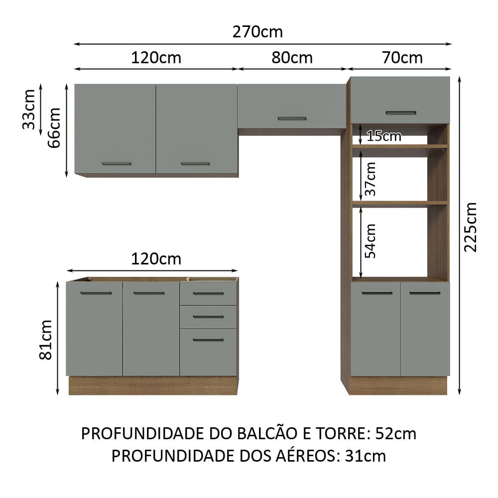 Armário de  Cozinha Completa 270cm Rustic/Cinza Agata Madesa 08