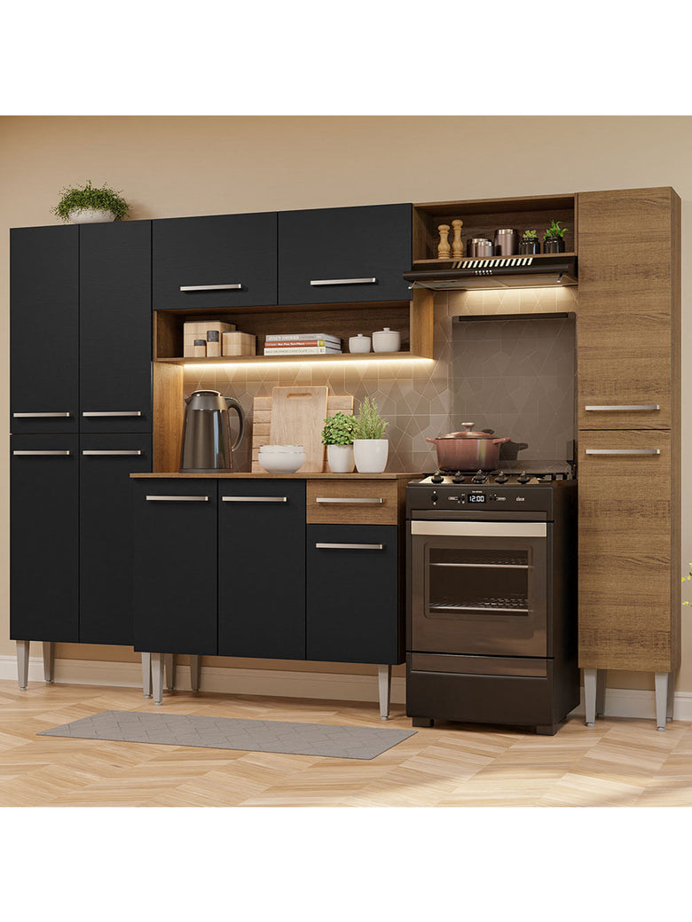 Armário de Cozinha Completa 261cm Rustic/Preto Emilly Hit Madesa
