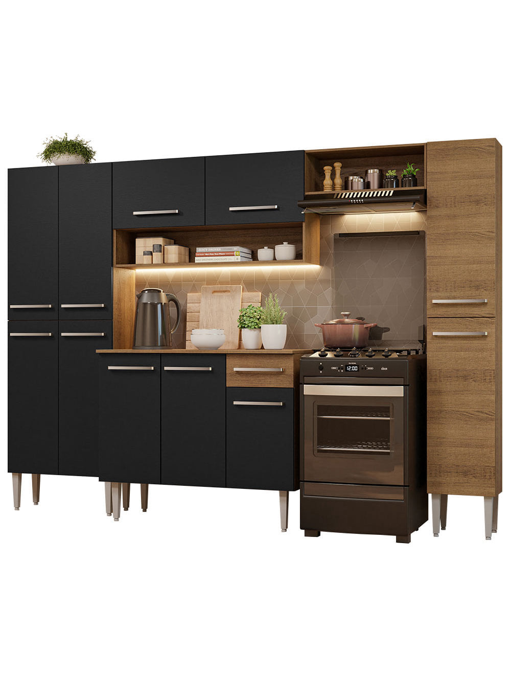 Armário de Cozinha Completa 261cm Rustic/Preto Emilly Hit Madesa - Rustic/Preto